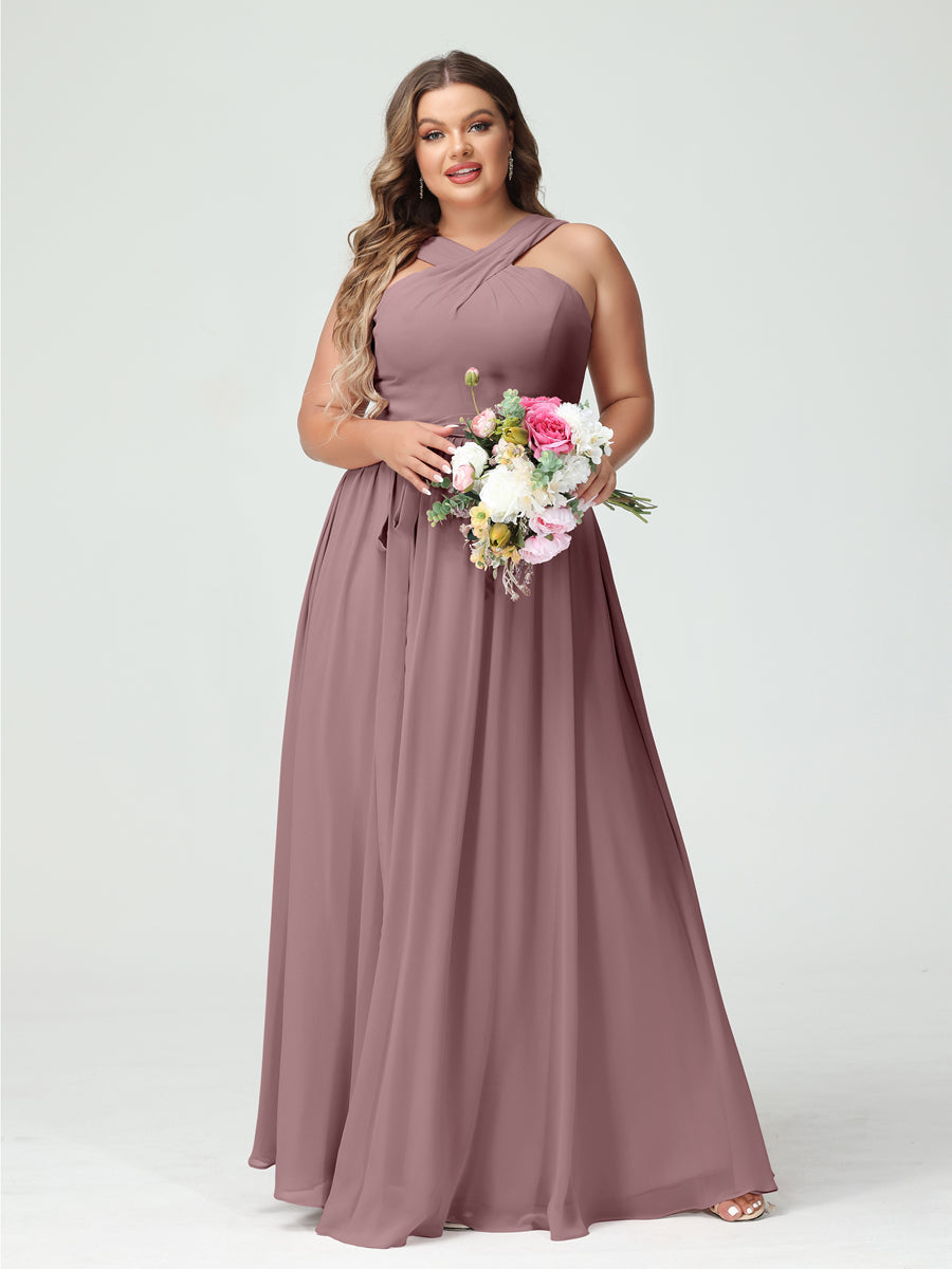A-Line/Princess Criss Cross Sleeveless Chiffon Plus Size Bridesmaid Dresses with Sash - 이미지 31