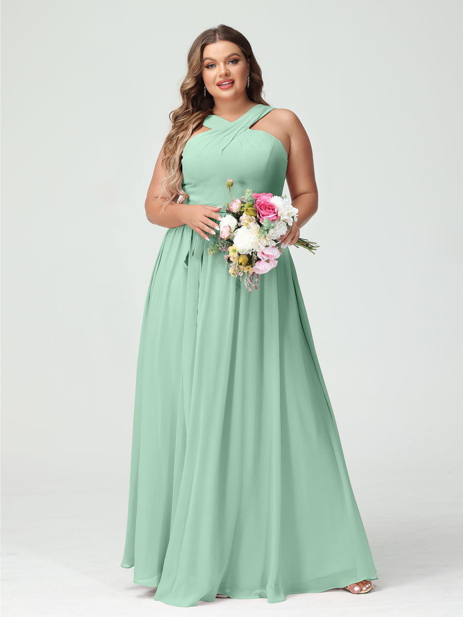 A-Line/Princess Criss Cross Sleeveless Chiffon Plus Size Bridesmaid Dresses with Sash - 이미지 61