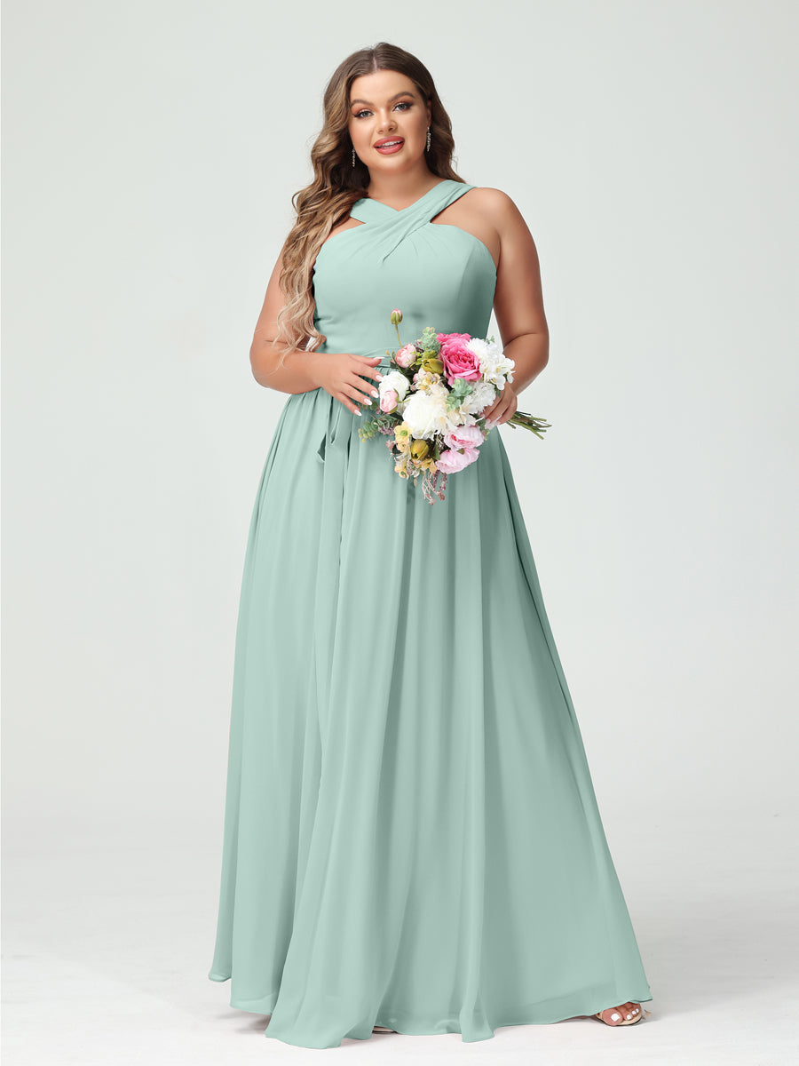 A-Line/Princess Criss Cross Sleeveless Chiffon Plus Size Bridesmaid Dresses with Sash - 이미지 60