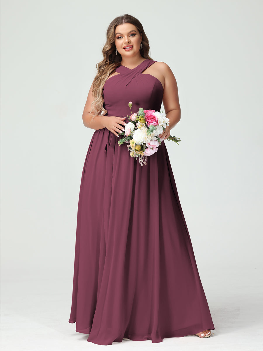 A-Line/Princess Criss Cross Sleeveless Chiffon Plus Size Bridesmaid Dresses with Sash - 이미지 43