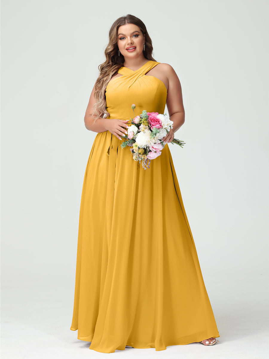 A-Line/Princess Criss Cross Sleeveless Chiffon Plus Size Bridesmaid Dresses with Sash - 이미지 70