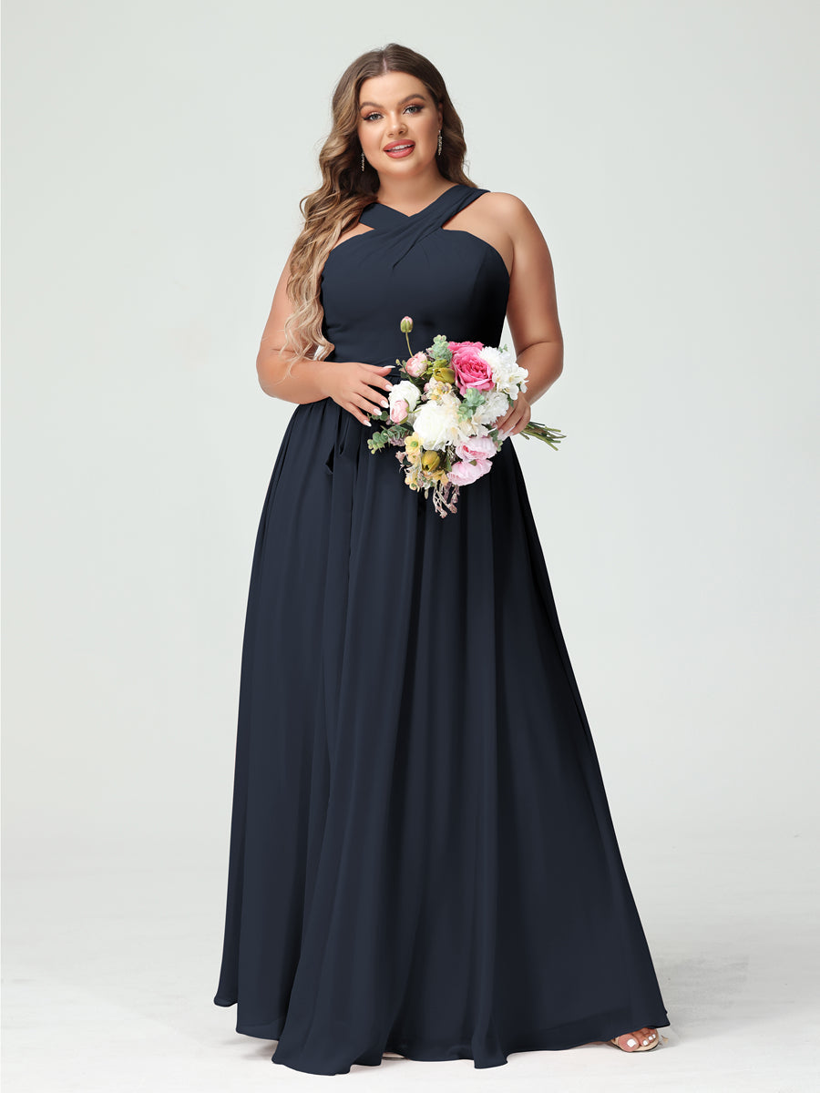 A-Line/Princess Criss Cross Sleeveless Chiffon Plus Size Bridesmaid Dresses with Sash - 이미지 59