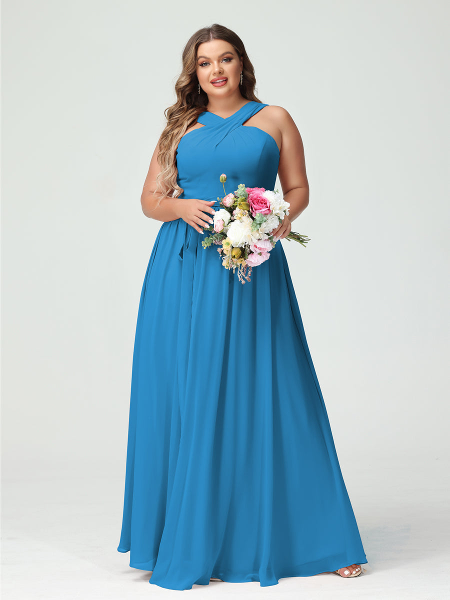 A-Line/Princess Criss Cross Sleeveless Chiffon Plus Size Bridesmaid Dresses with Sash - 이미지 53