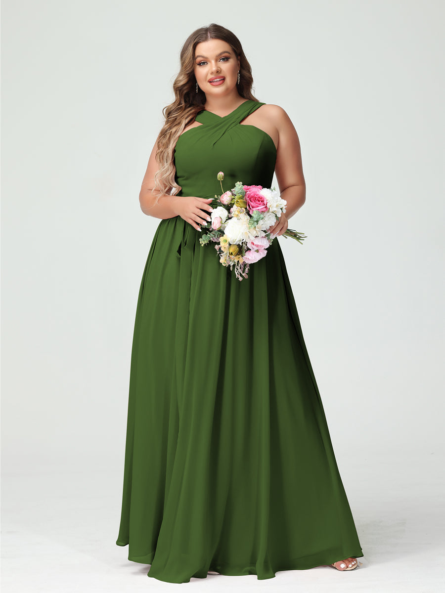A-Line/Princess Criss Cross Sleeveless Chiffon Plus Size Bridesmaid Dresses with Sash - 이미지 65