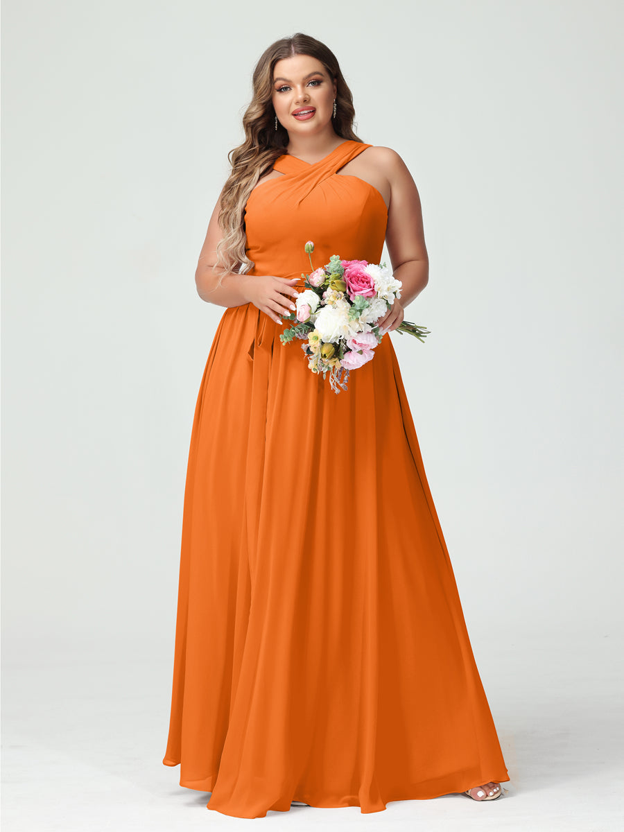 A-Line/Princess Criss Cross Sleeveless Chiffon Plus Size Bridesmaid Dresses with Sash - 이미지 72