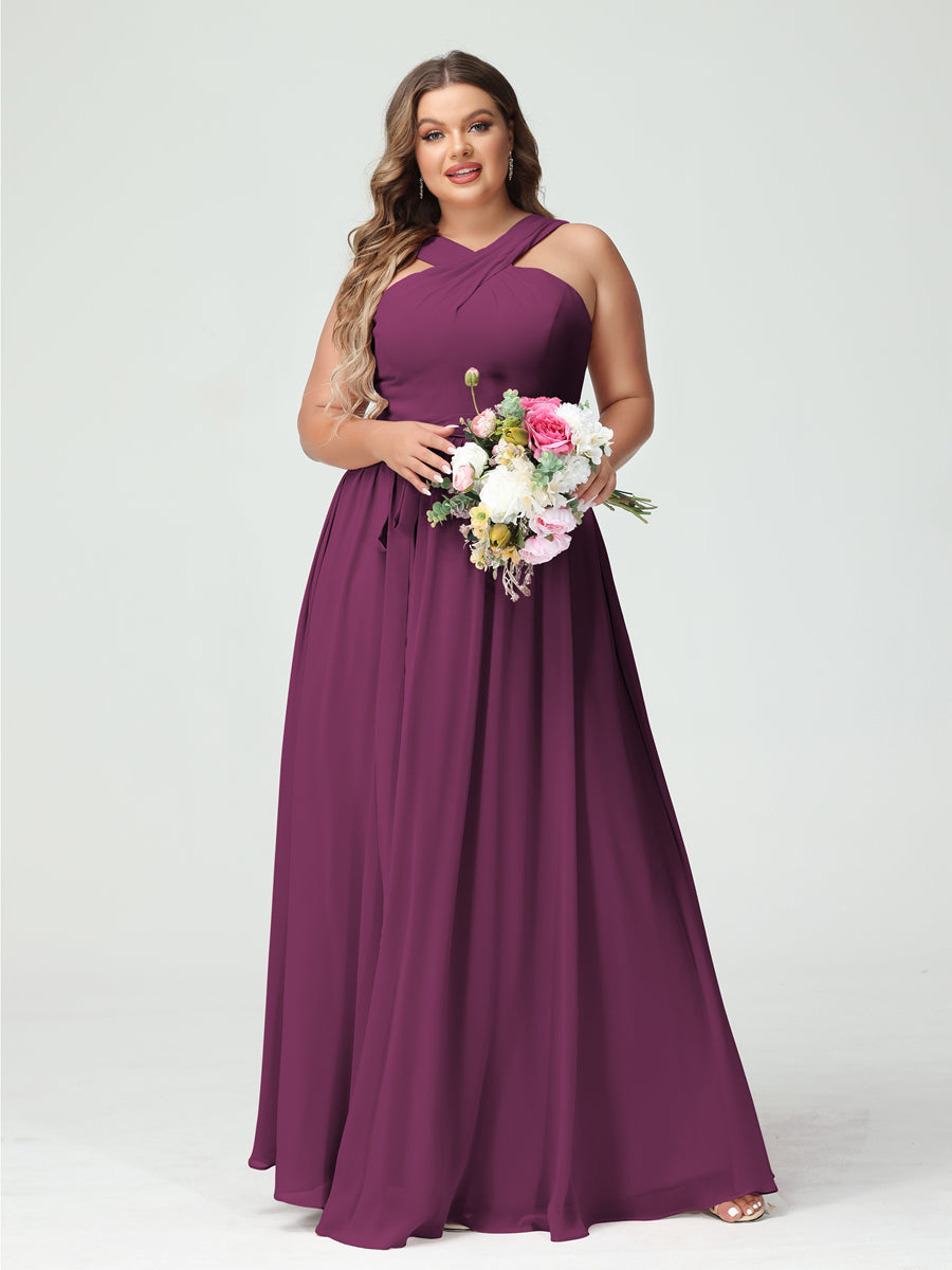 A-Line/Princess Criss Cross Sleeveless Chiffon Plus Size Bridesmaid Dresses with Sash - 이미지 44