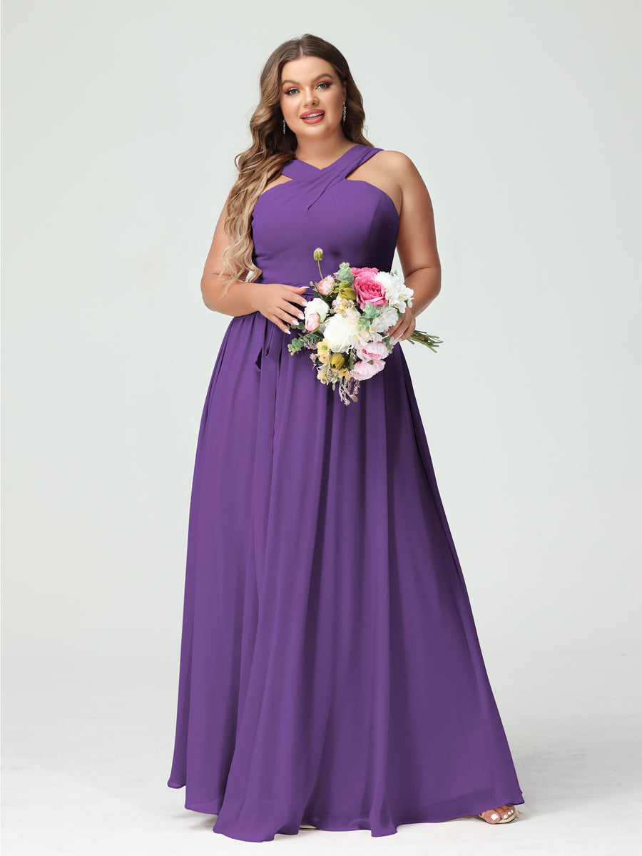 A-Line/Princess Criss Cross Sleeveless Chiffon Plus Size Bridesmaid Dresses with Sash - 이미지 42