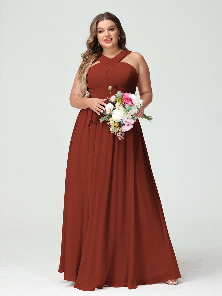 A-Line/Princess Criss Cross Sleeveless Chiffon Plus Size Bridesmaid Dresses with Sash - 이미지 13