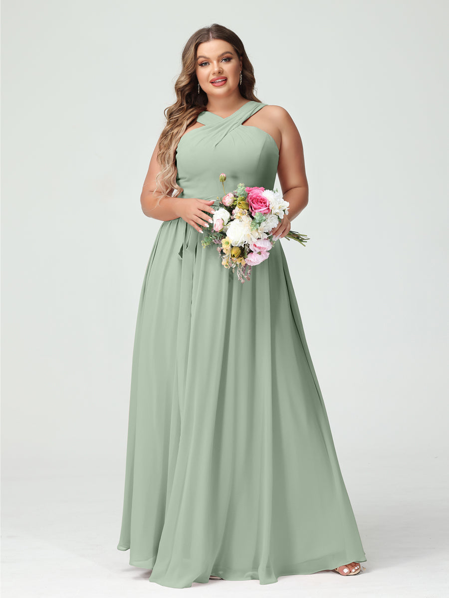 A-Line/Princess Criss Cross Sleeveless Chiffon Plus Size Bridesmaid Dresses with Sash - 이미지 10