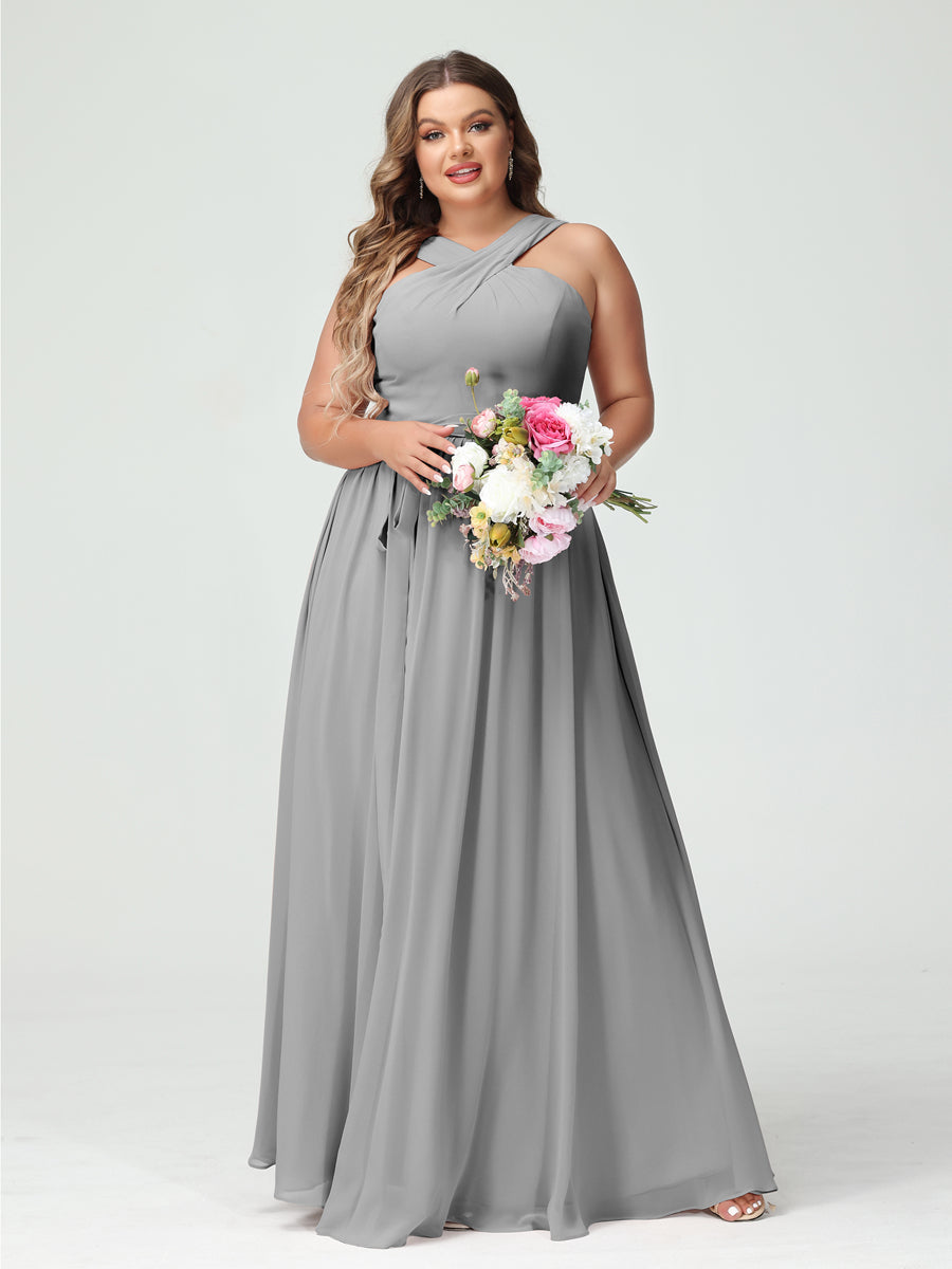 A-Line/Princess Criss Cross Sleeveless Chiffon Plus Size Bridesmaid Dresses with Sash - 이미지 22