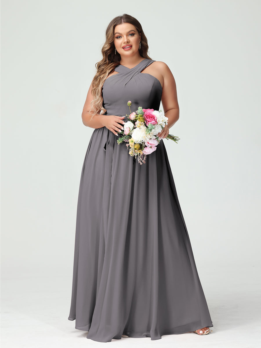 A-Line/Princess Criss Cross Sleeveless Chiffon Plus Size Bridesmaid Dresses with Sash - 이미지 74