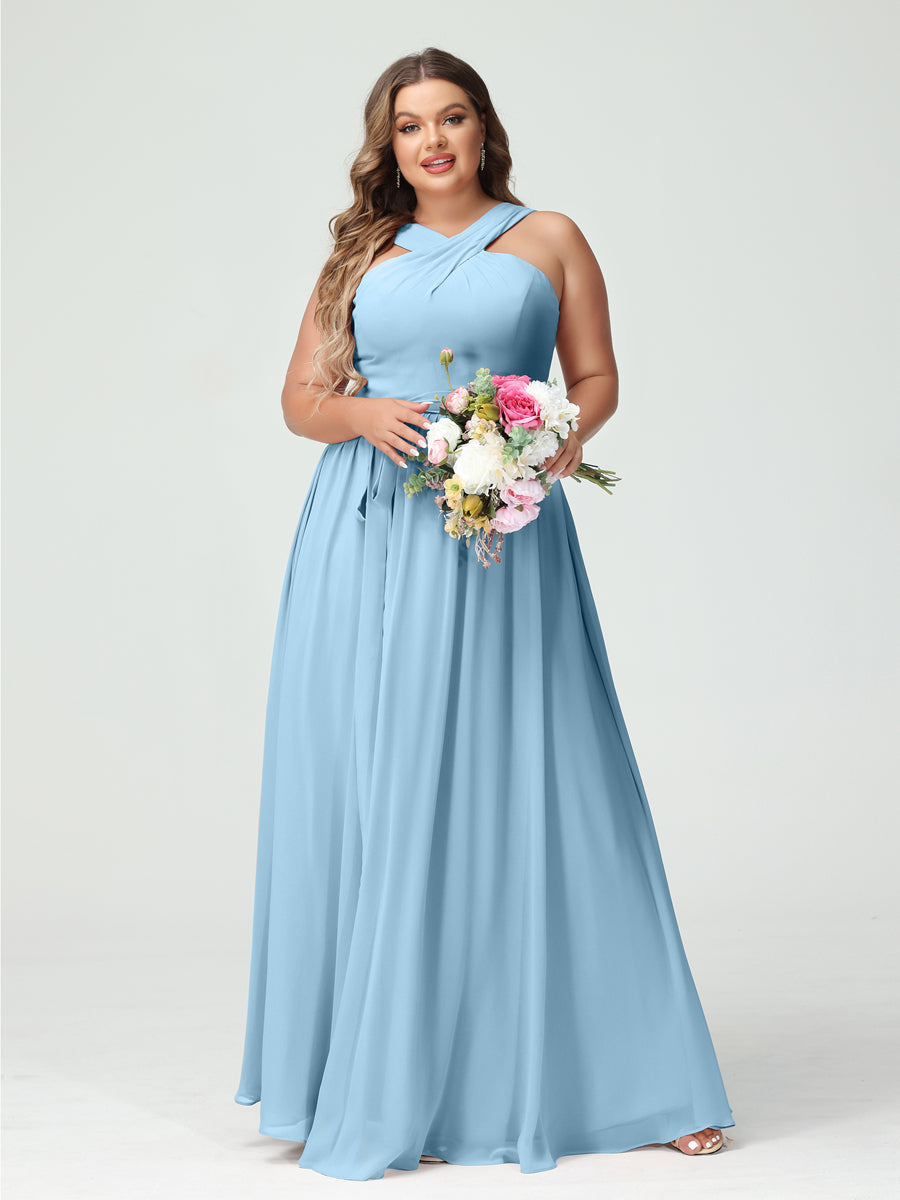 A-Line/Princess Criss Cross Sleeveless Chiffon Plus Size Bridesmaid Dresses with Sash - 이미지 50