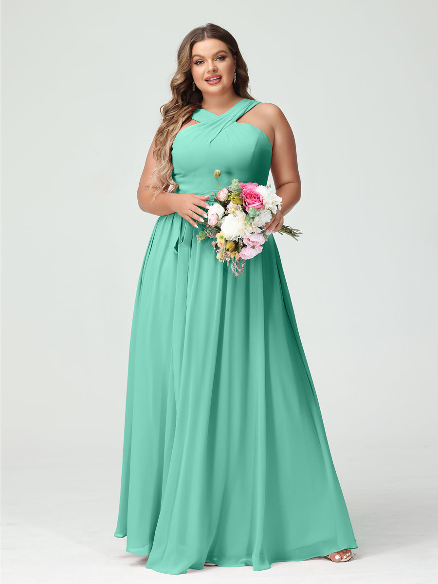 A-Line/Princess Criss Cross Sleeveless Chiffon Plus Size Bridesmaid Dresses with Sash - 이미지 62