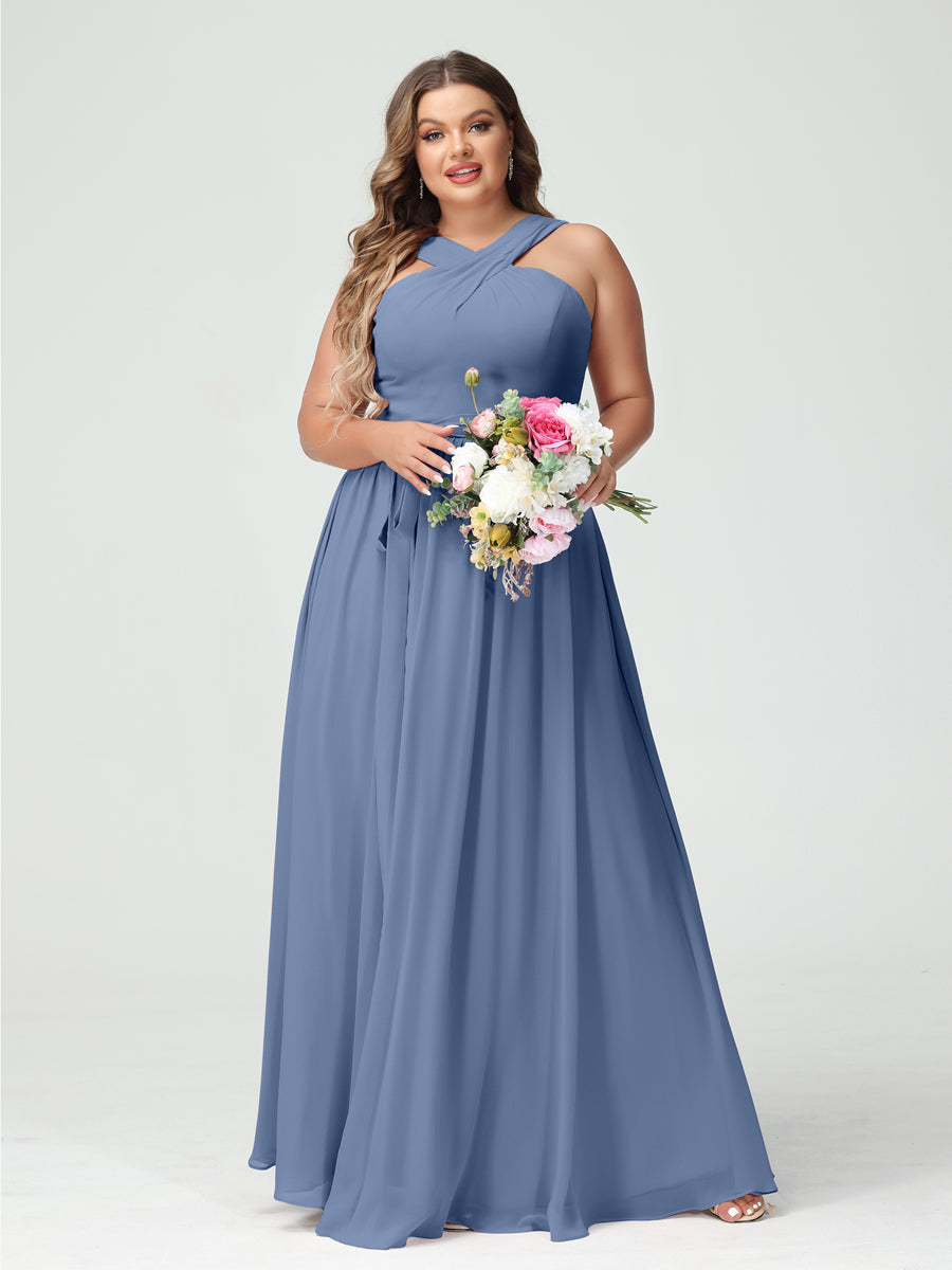 A-Line/Princess Criss Cross Sleeveless Chiffon Plus Size Bridesmaid Dresses with Sash - 이미지 51