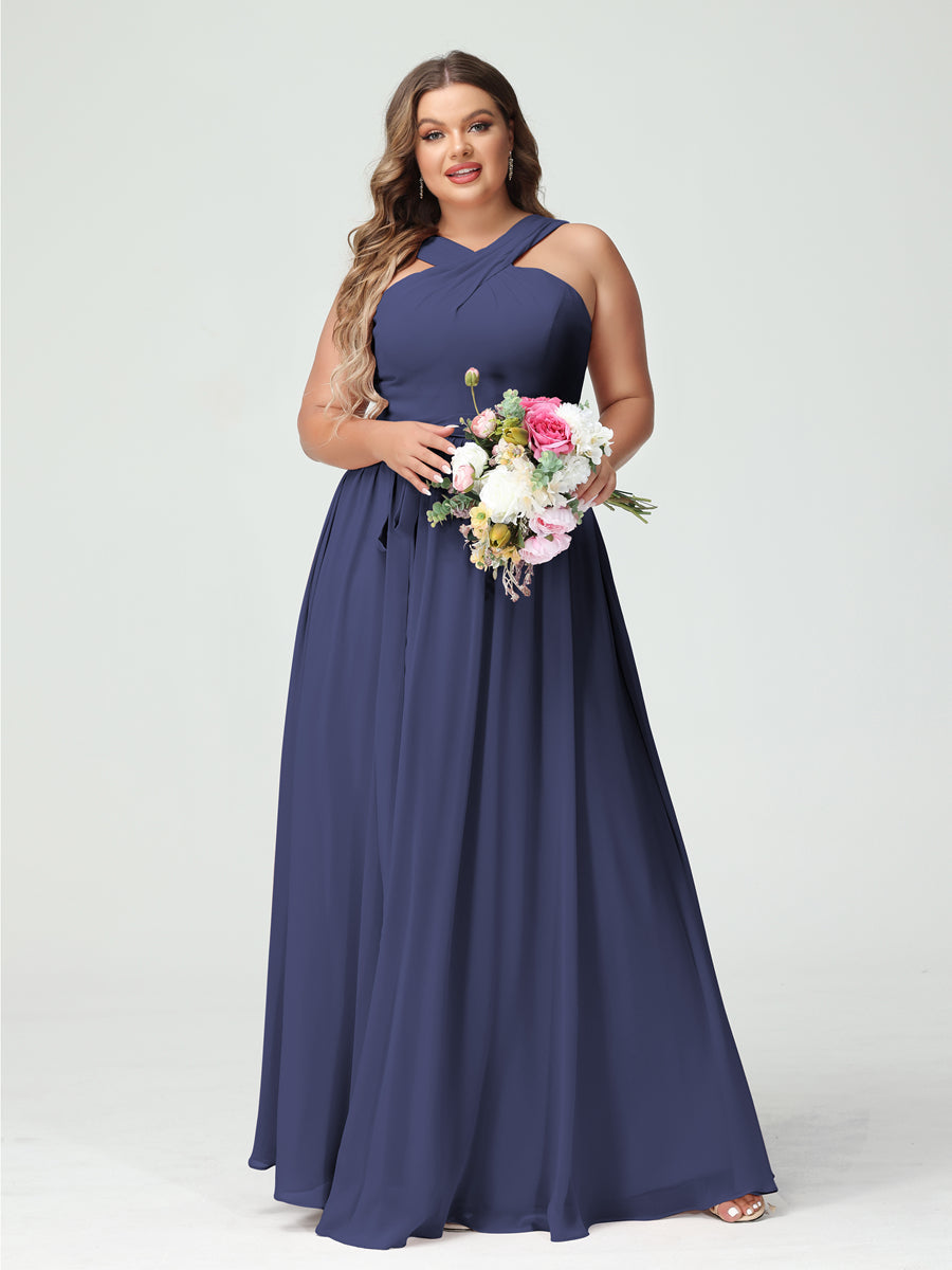 A-Line/Princess Criss Cross Sleeveless Chiffon Plus Size Bridesmaid Dresses with Sash - 이미지 57