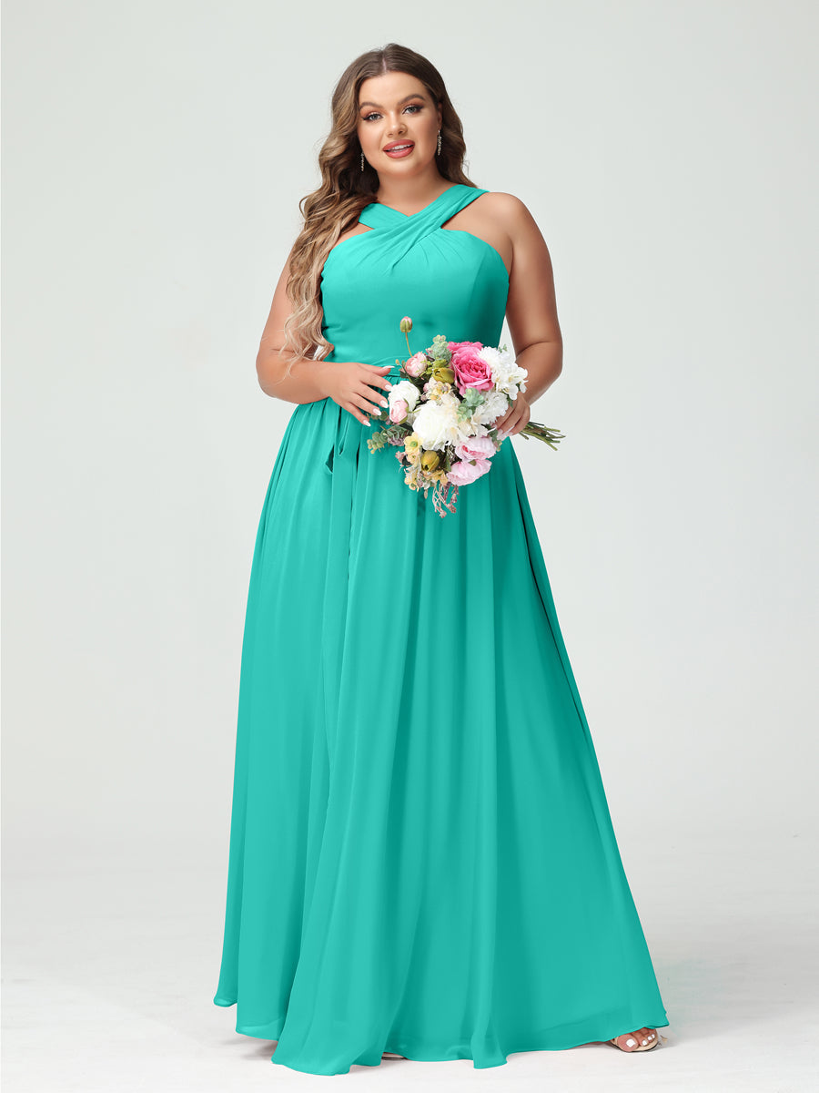 A-Line/Princess Criss Cross Sleeveless Chiffon Plus Size Bridesmaid Dresses with Sash - 이미지 63