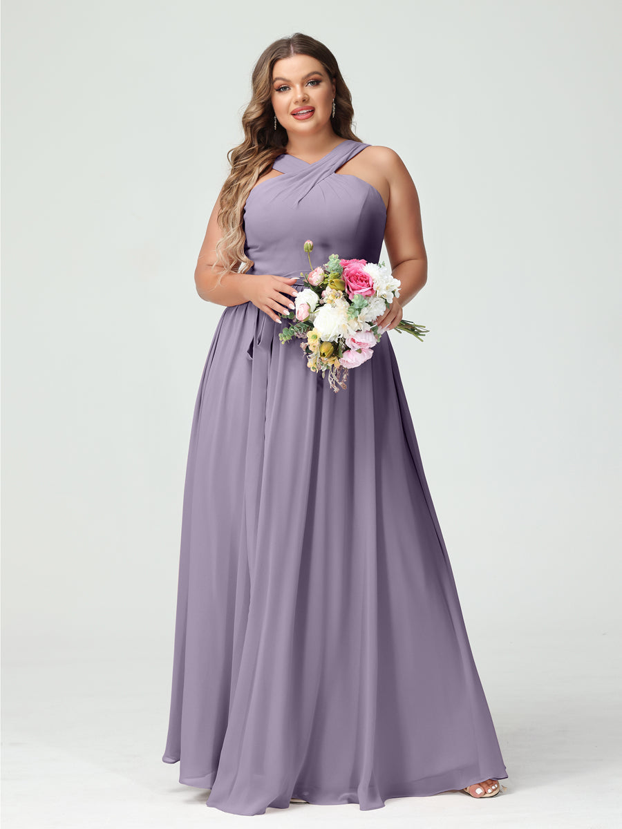 A-Line/Princess Criss Cross Sleeveless Chiffon Plus Size Bridesmaid Dresses with Sash - 이미지 39