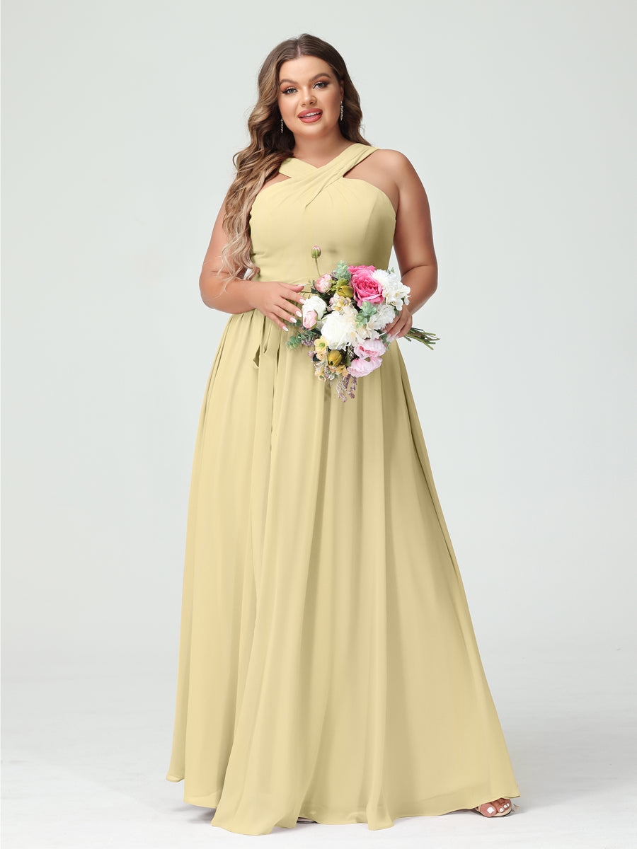 A-Line/Princess Criss Cross Sleeveless Chiffon Plus Size Bridesmaid Dresses with Sash - 이미지 68