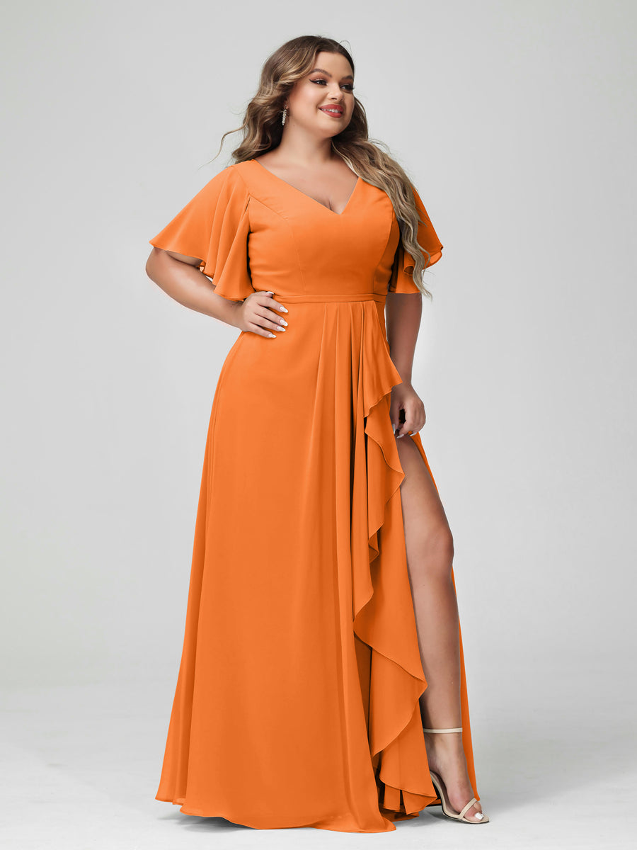A-Line/Princess V-Neck Half Sleeves Chiffon Ruffles Plus Size Bridesmaid Dresses with Split Side - 画像 (72)
