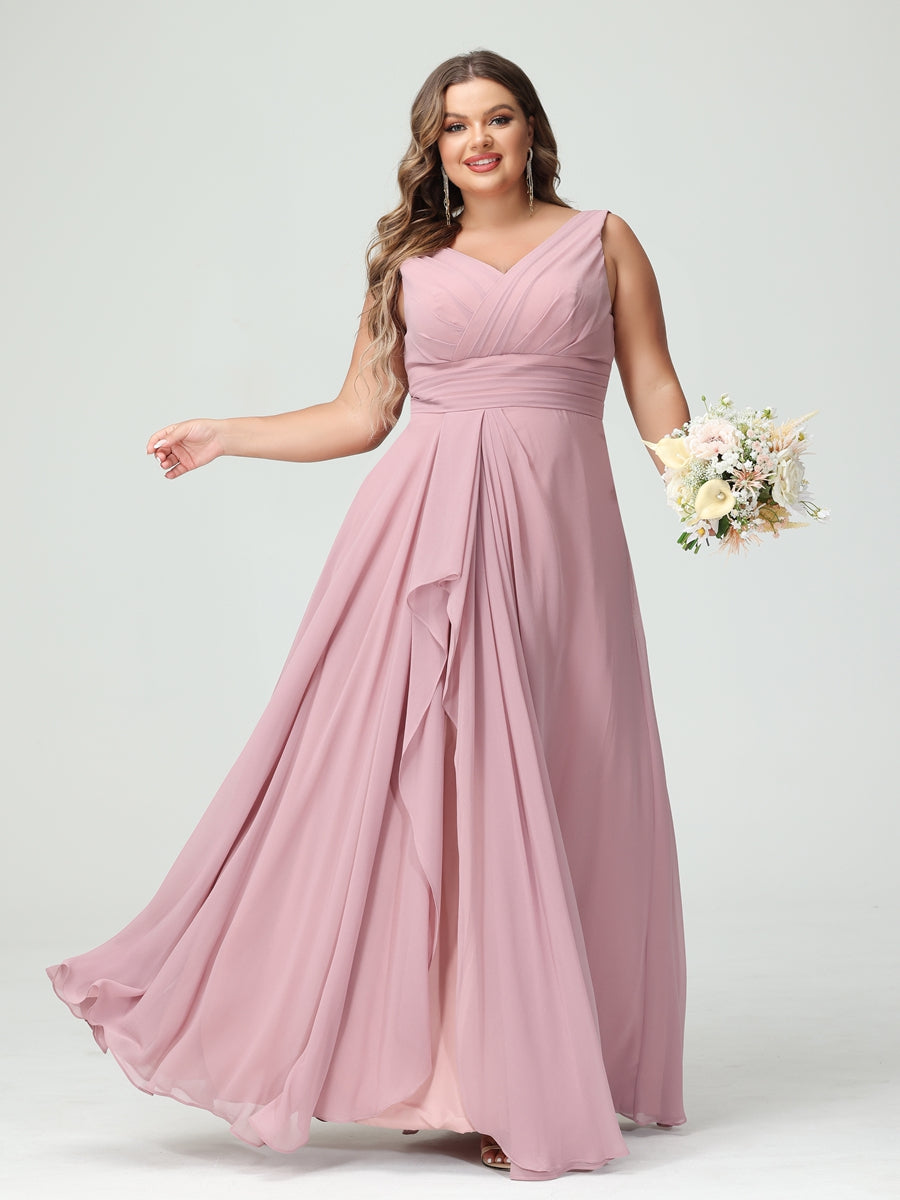 A-Line/Princess V-Neck Sleeveless Chiffon Ruffles Plus Size Bridesmaid Dresses with Pockets - 이미지 3