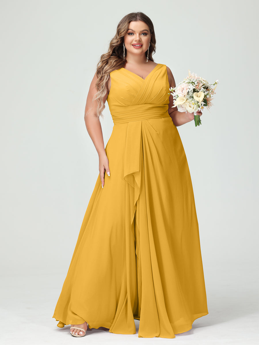 A-Line/Princess V-Neck Sleeveless Chiffon Ruffles Plus Size Bridesmaid Dresses with Pockets - 이미지 70