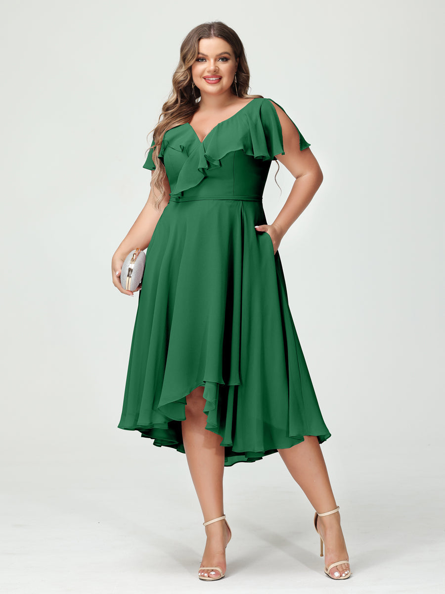 A-Line/Princess V-Neck Short Sleeves Chiffon Ruffles High-Low Plus Size Bridesmaid Dresses with Pockets - 画像 (67)