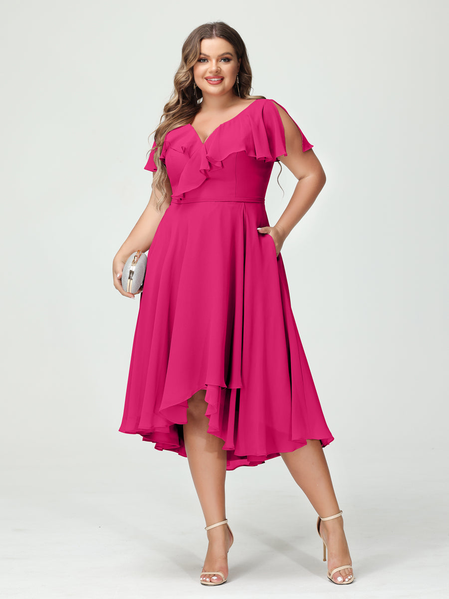 A-Line/Princess V-Neck Short Sleeves Chiffon Ruffles High-Low Plus Size Bridesmaid Dresses with Pockets - 画像 (34)