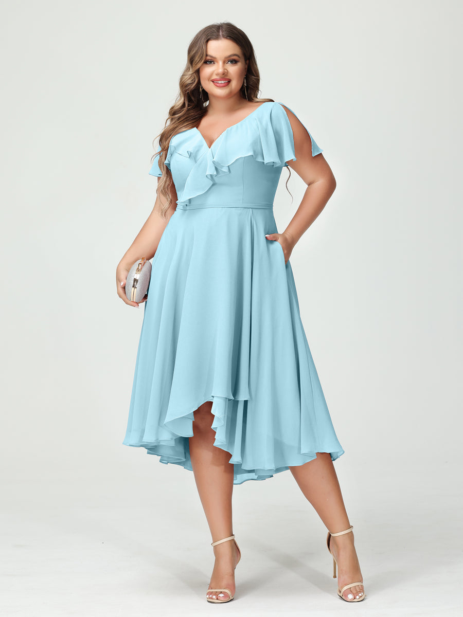 A-Line/Princess V-Neck Short Sleeves Chiffon Ruffles High-Low Plus Size Bridesmaid Dresses with Pockets - 画像 (49)