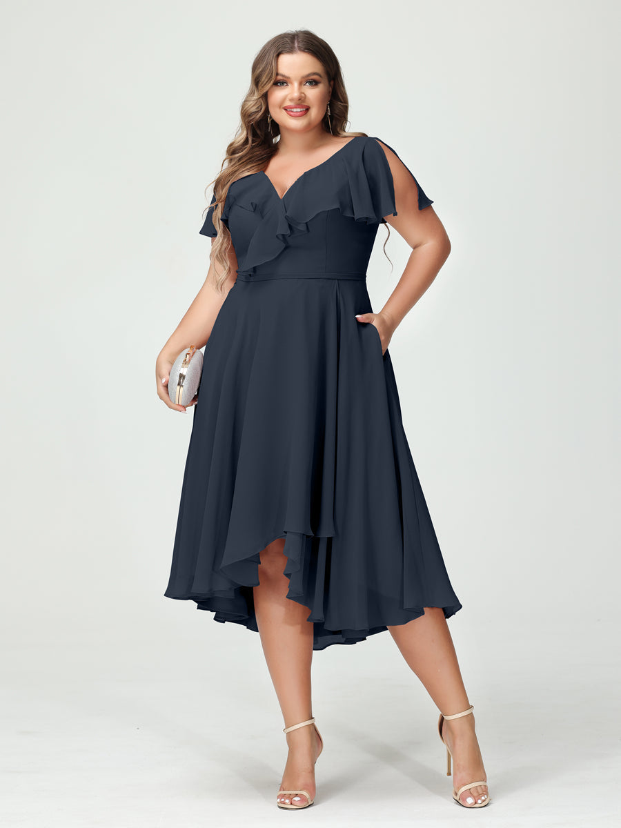 A-Line/Princess V-Neck Short Sleeves Chiffon Ruffles High-Low Plus Size Bridesmaid Dresses with Pockets - 画像 (59)