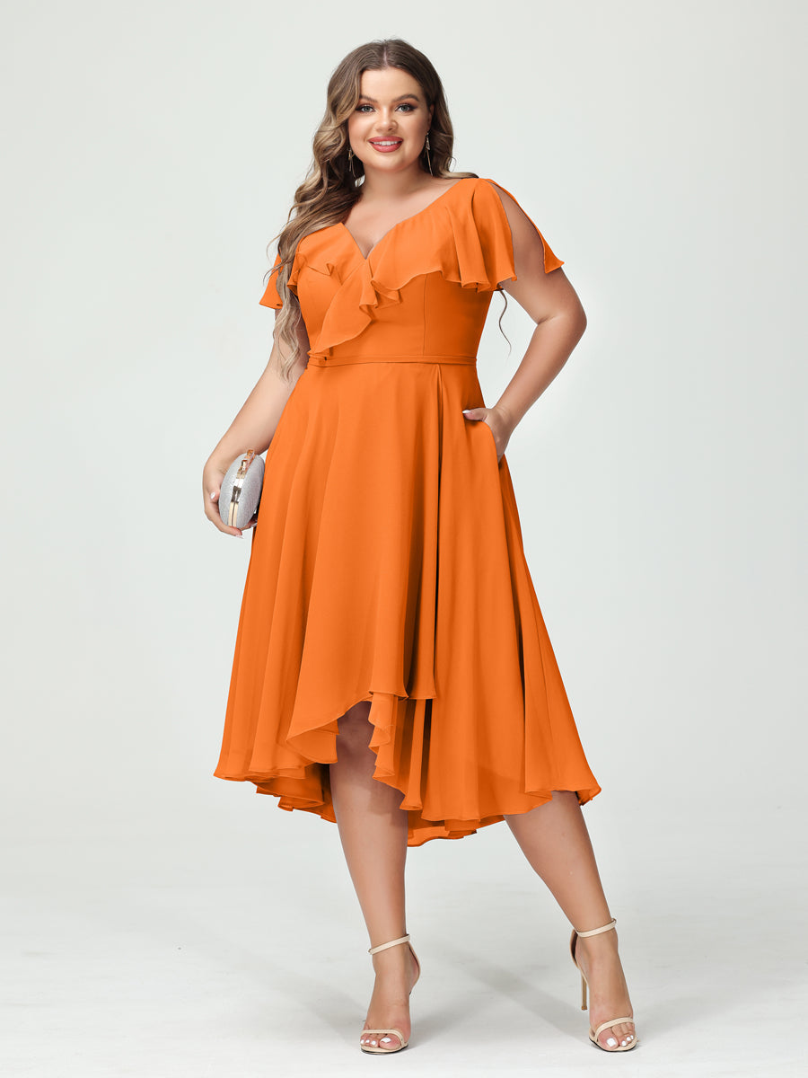 A-Line/Princess V-Neck Short Sleeves Chiffon Ruffles High-Low Plus Size Bridesmaid Dresses with Pockets - 画像 (72)