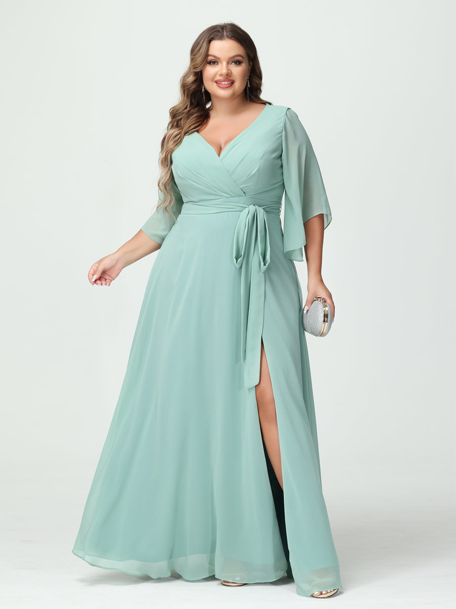 A-Line/Princess V-Neck Long Sleeves Chiffon Split Side Plus Size Bridesmaid Dresses With Pockets Belt - 이미지 3