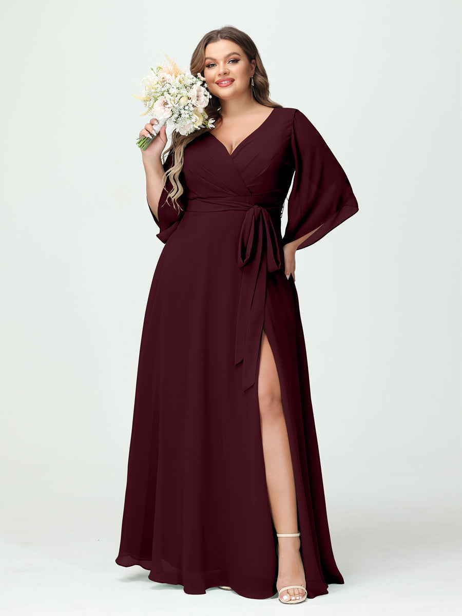 A-Line/Princess V-Neck Long Sleeves Chiffon Split Side Plus Size Bridesmaid Dresses With Pockets Belt - 이미지 12