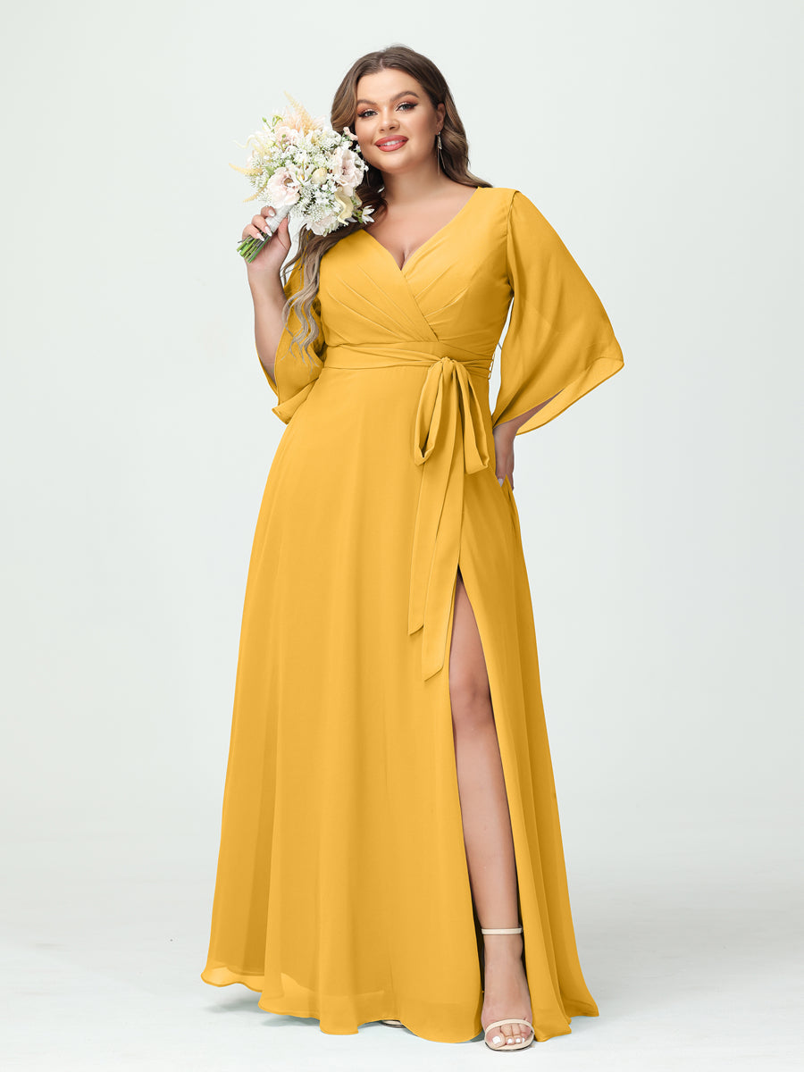 A-Line/Princess V-Neck Long Sleeves Chiffon Split Side Plus Size Bridesmaid Dresses With Pockets Belt - 이미지 70
