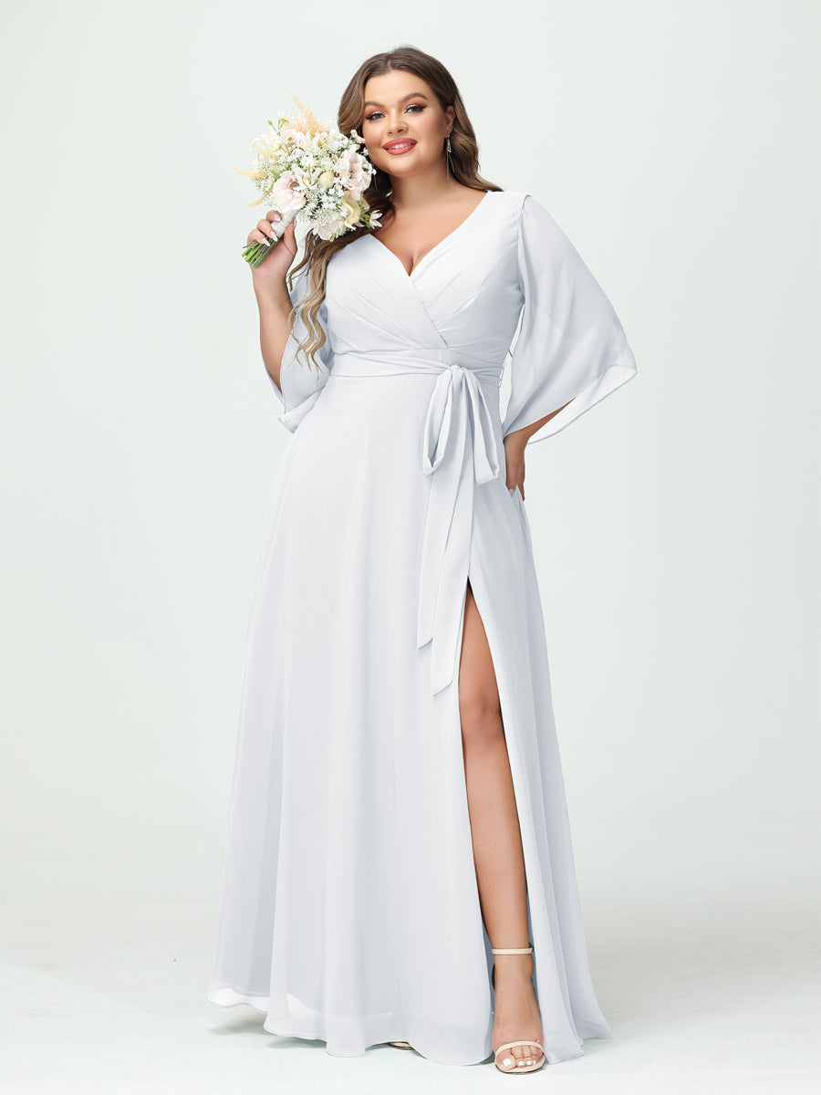 A-Line/Princess V-Neck Long Sleeves Chiffon Split Side Plus Size Bridesmaid Dresses With Pockets Belt - 이미지 19