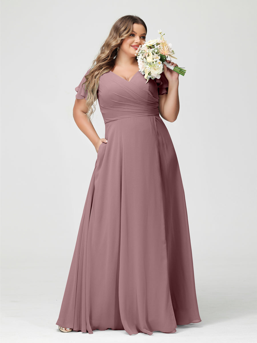 A-Line/Princess V-Neck Short Sleeves Chiffon Split Side Plus Size Bridesmaid Dresses with Pockets - 이미지 31