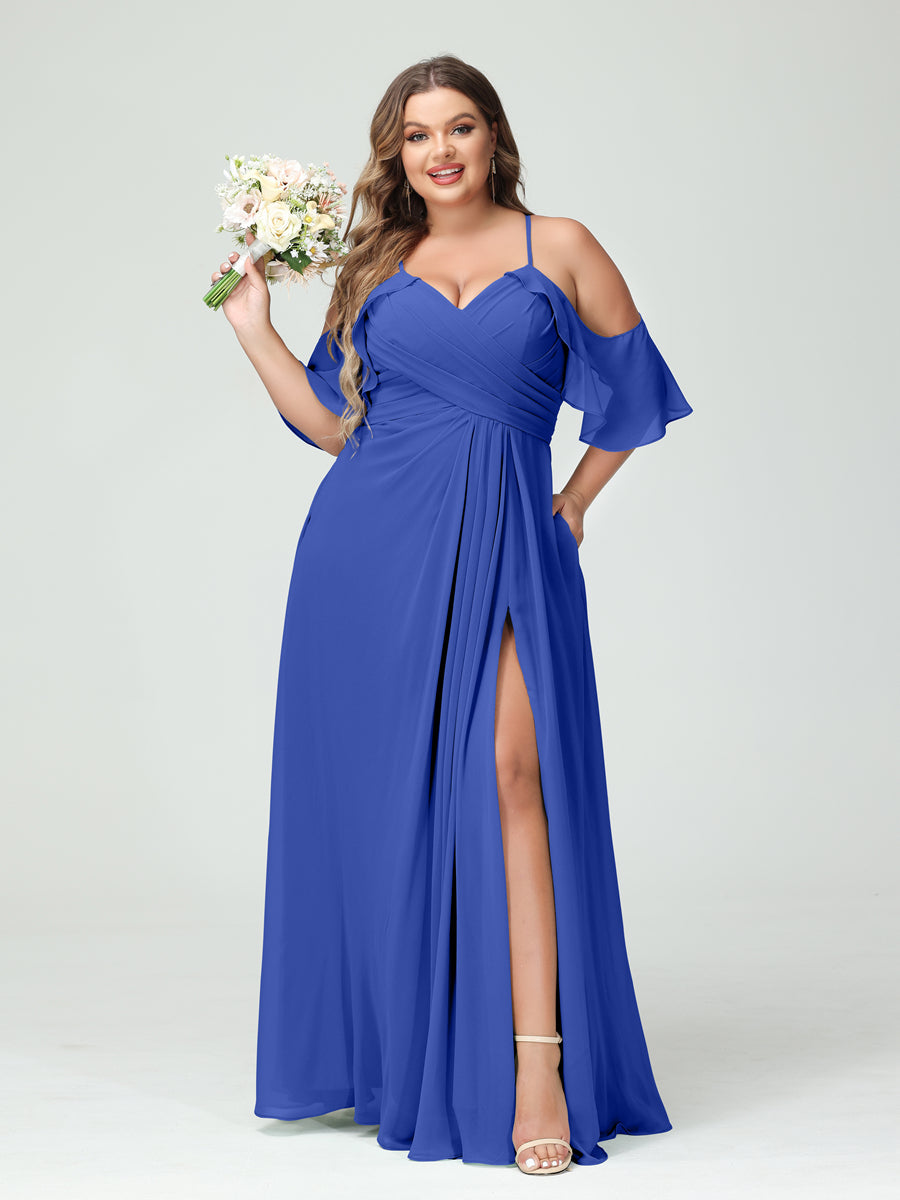 A-Line/Princess Spaghetti Straps Short Sleeves Chiffon Ruched Split Side Plus Size Bridesmaid Dresses with Pockets - 画像 (54)