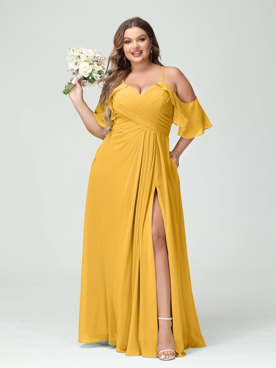 A-Line/Princess Spaghetti Straps Short Sleeves Chiffon Ruched Split Side Plus Size Bridesmaid Dresses with Pockets - 画像 (70)
