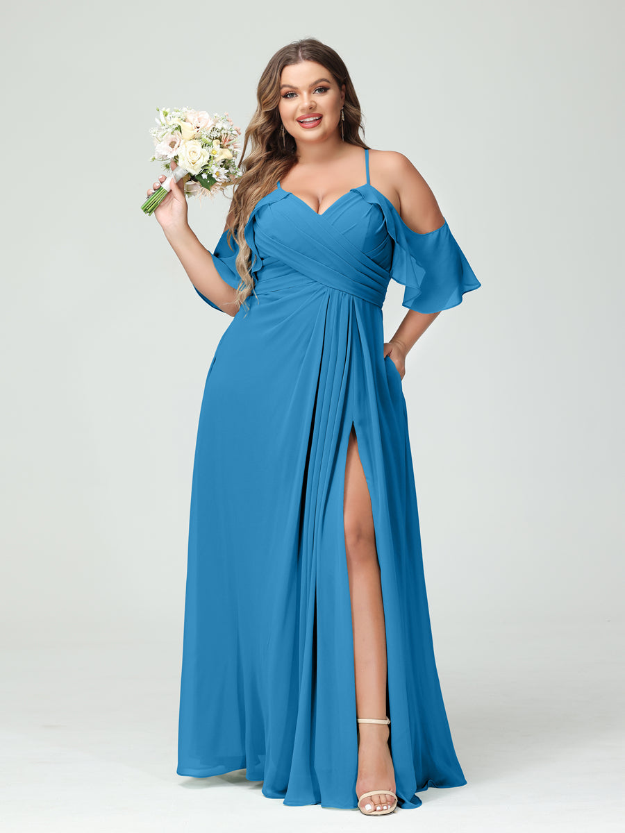 A-Line/Princess Spaghetti Straps Short Sleeves Chiffon Ruched Split Side Plus Size Bridesmaid Dresses with Pockets - 画像 (53)
