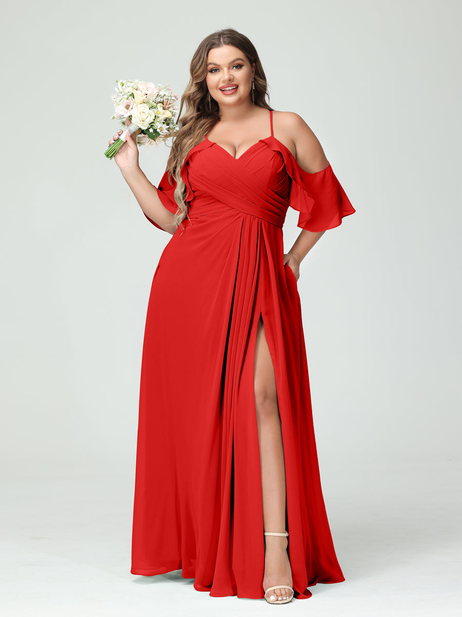 A-Line/Princess Spaghetti Straps Short Sleeves Chiffon Ruched Split Side Plus Size Bridesmaid Dresses with Pockets - 画像 (36)