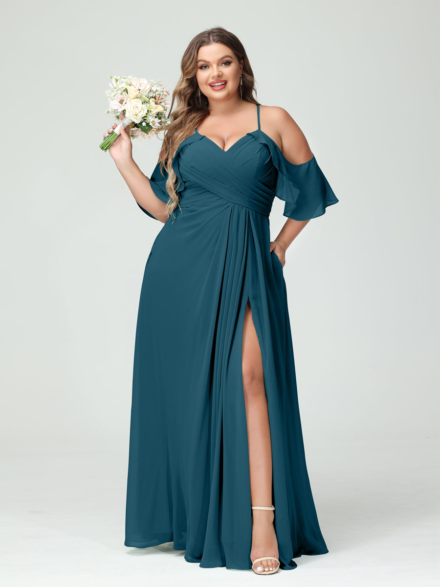 A-Line/Princess Spaghetti Straps Short Sleeves Chiffon Ruched Split Side Plus Size Bridesmaid Dresses with Pockets - 画像 (58)