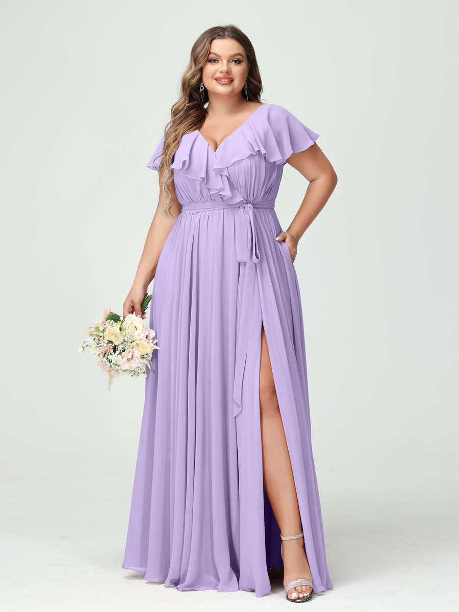 A-Line/Princess V-Neck Short Sleeves Chiffon Ruffles Plus Size Bridesmaid Dresses With Pockets - 이미지 14