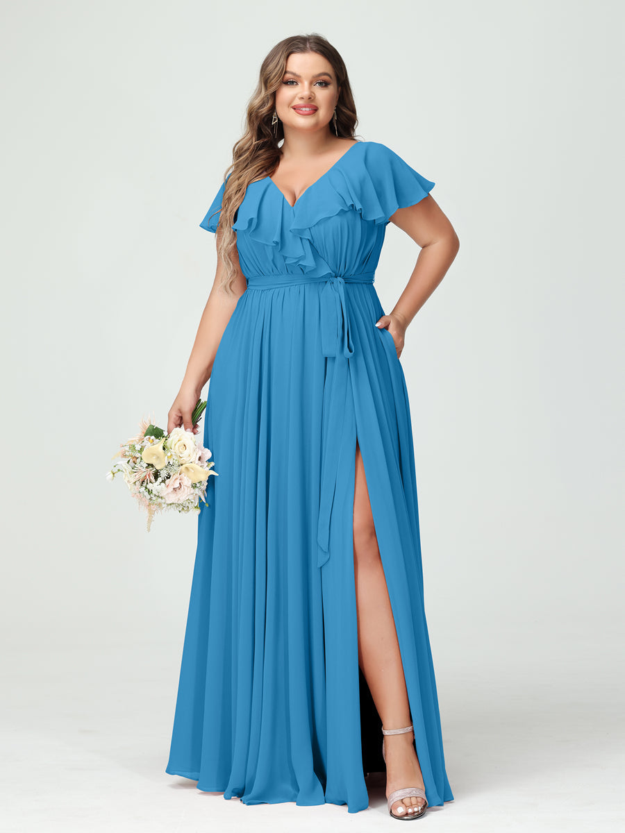 A-Line/Princess V-Neck Short Sleeves Chiffon Ruffles Plus Size Bridesmaid Dresses With Pockets - 이미지 53
