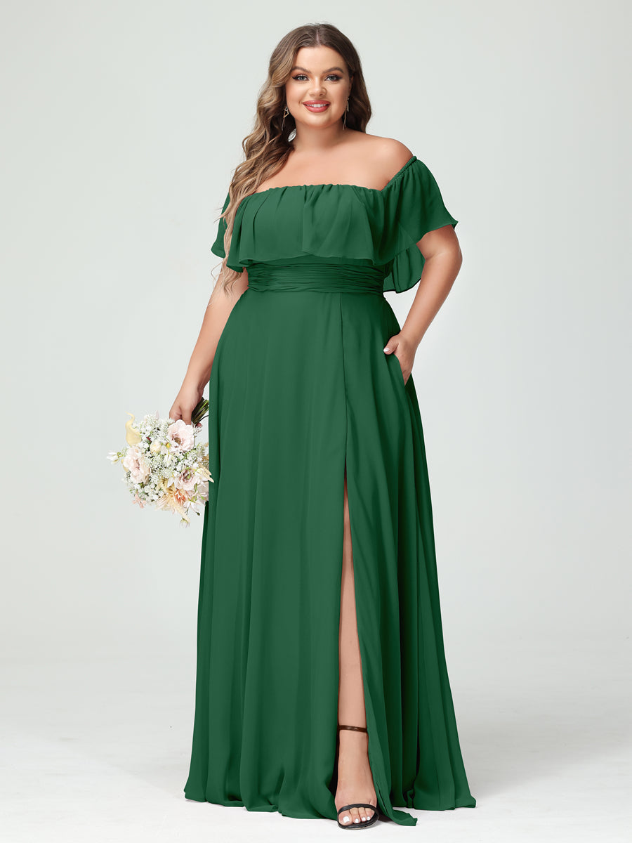 A-Line/Princess Off-the-Shoulder Short Sleeves Chiffon Split Side Plus Size Bridesmaid Dresses with Pockets - 画像 (67)
