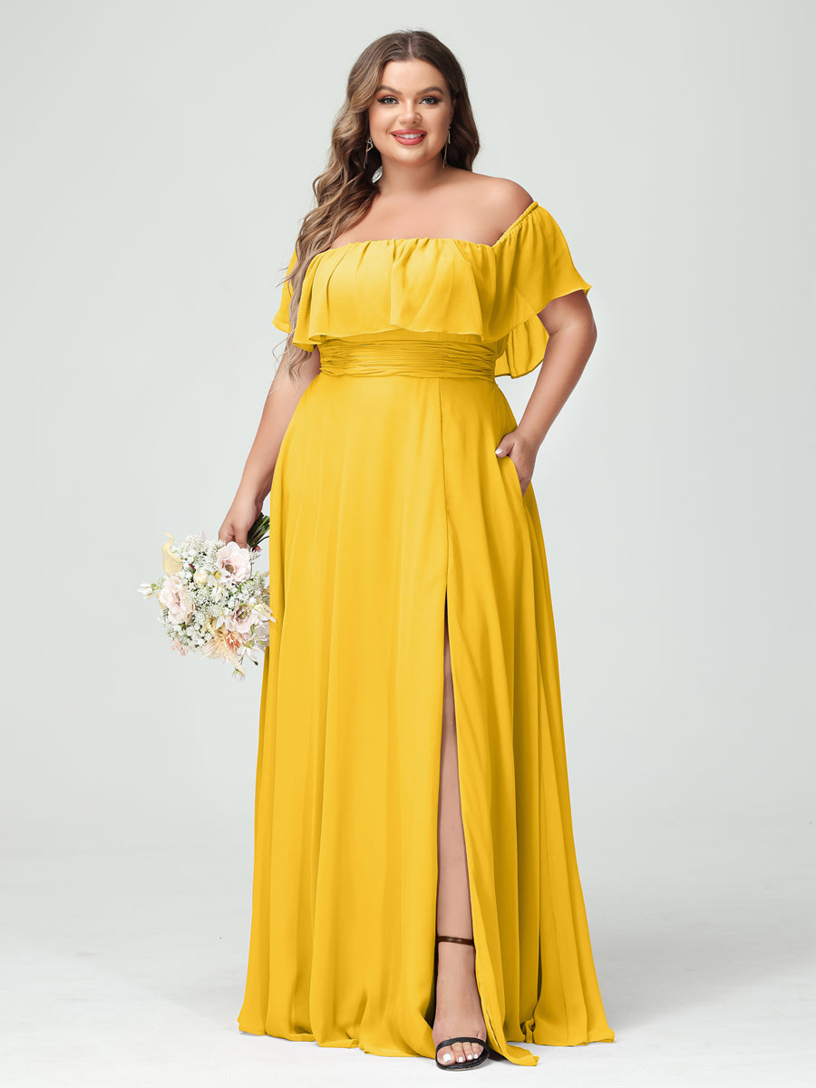 A-Line/Princess Off-the-Shoulder Short Sleeves Chiffon Split Side Plus Size Bridesmaid Dresses with Pockets - 画像 (71)