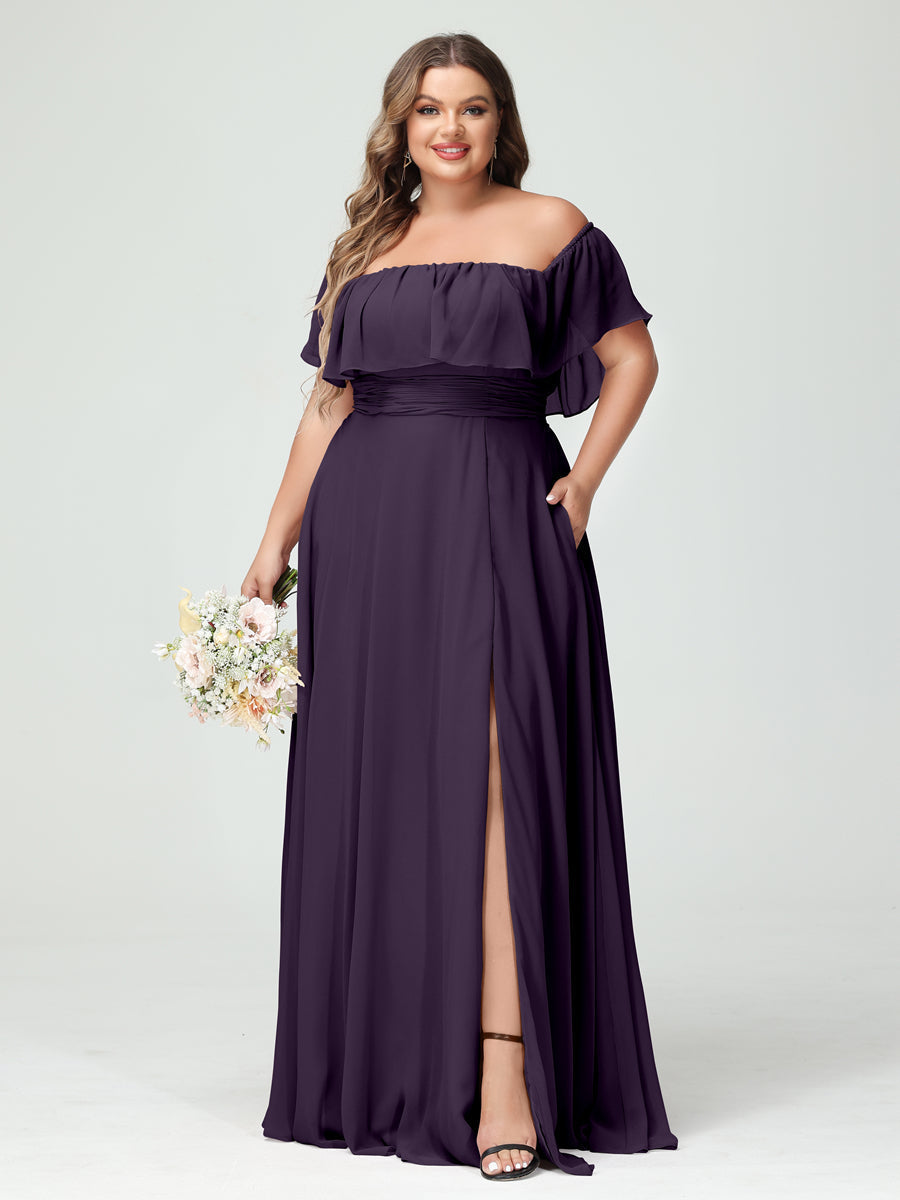 A-Line/Princess Off-the-Shoulder Short Sleeves Chiffon Split Side Plus Size Bridesmaid Dresses with Pockets - 画像 (45)