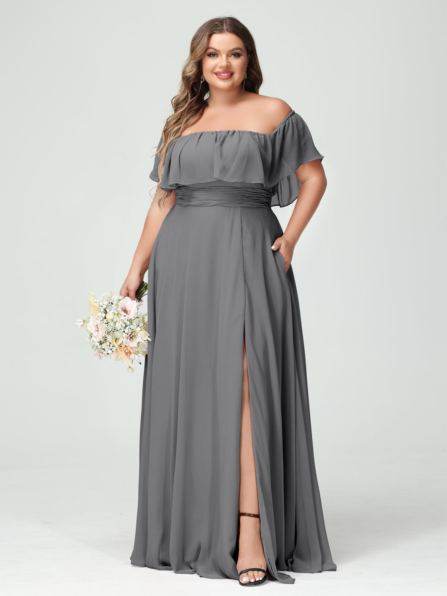 A-Line/Princess Off-the-Shoulder Short Sleeves Chiffon Split Side Plus Size Bridesmaid Dresses with Pockets - 画像 (75)
