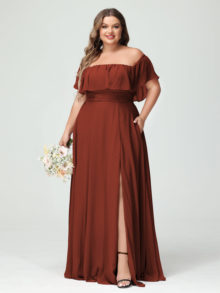 A-Line/Princess Off-the-Shoulder Short Sleeves Chiffon Split Side Plus Size Bridesmaid Dresses with Pockets - 画像 (13)