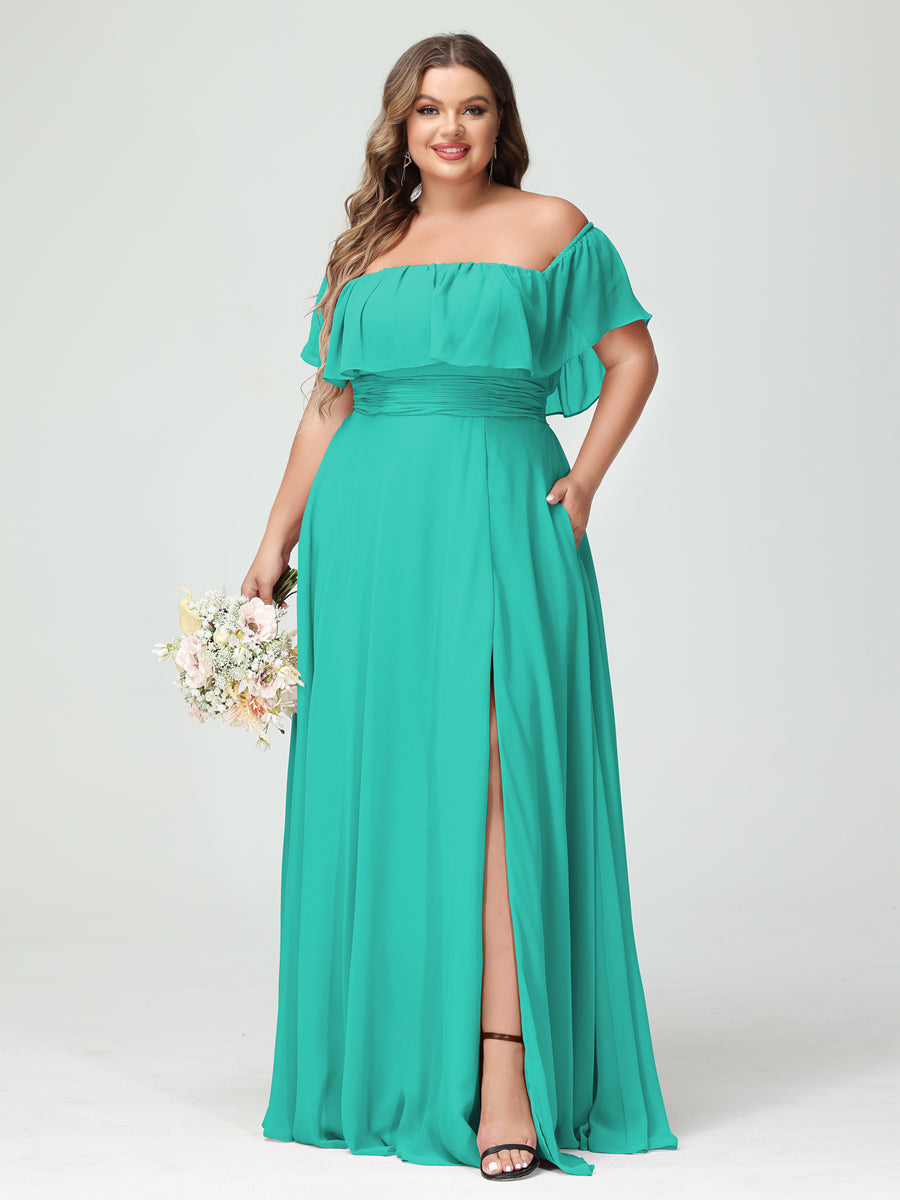 A-Line/Princess Off-the-Shoulder Short Sleeves Chiffon Split Side Plus Size Bridesmaid Dresses with Pockets - 画像 (63)