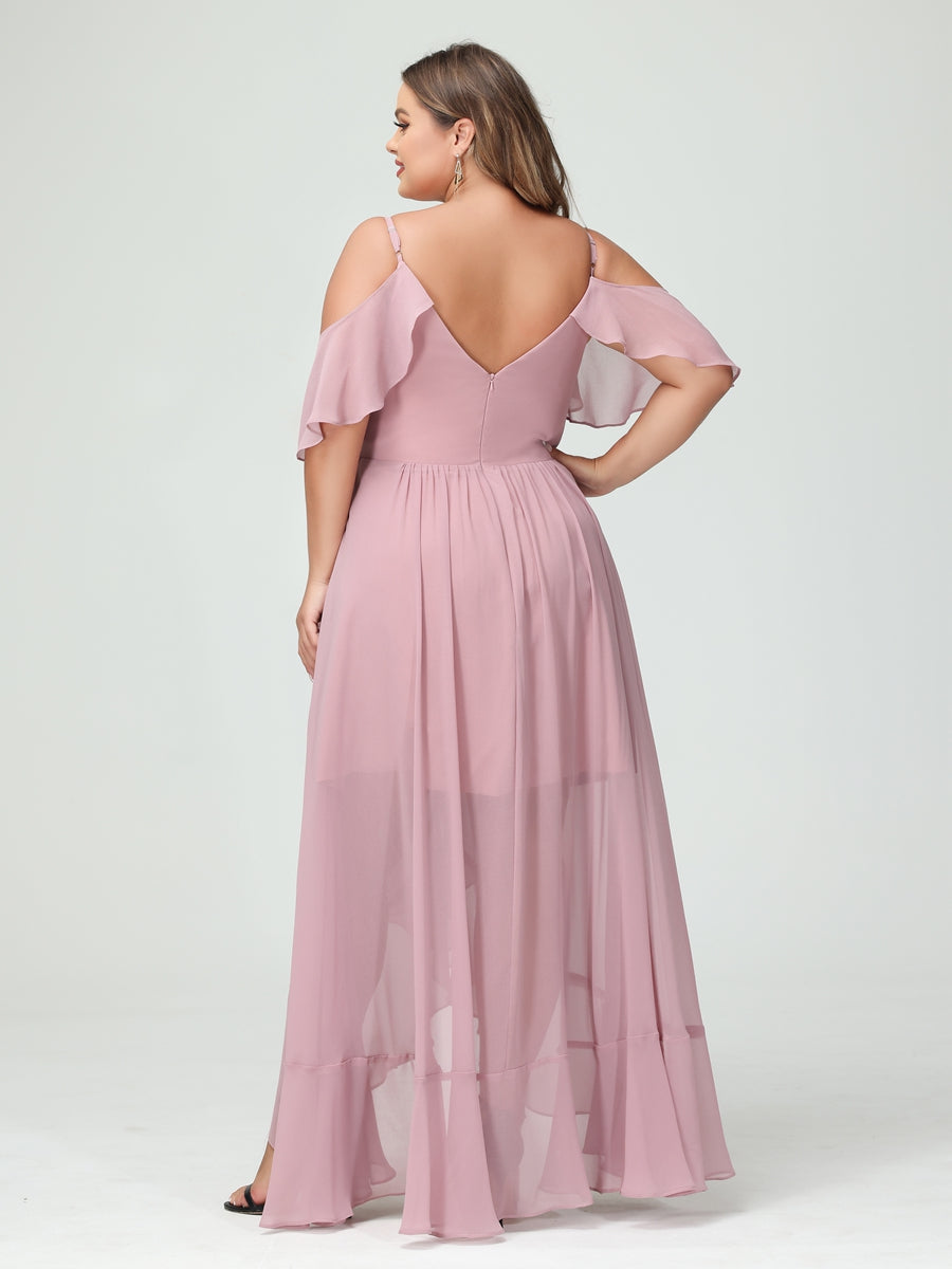 A-Line/Princess Spaghetti Straps V-Neck Short Sleeves Chiffon Ruffles Asymmetrical Plus Size Bridesmaid Dresses - Image 2