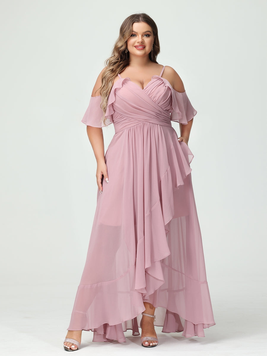 A-Line/Princess Spaghetti Straps V-Neck Short Sleeves Chiffon Ruffles Asymmetrical Plus Size Bridesmaid Dresses - Image 4
